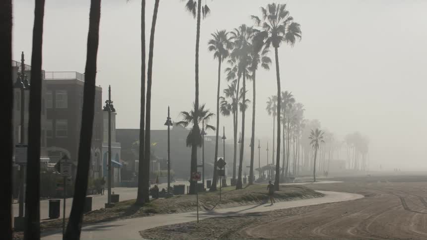 A man runs down a sidewalk alongside a beach in a coastal city