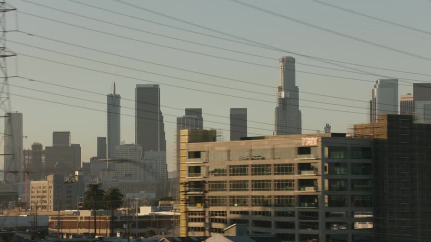 Aerial view of a downtown city during dusk