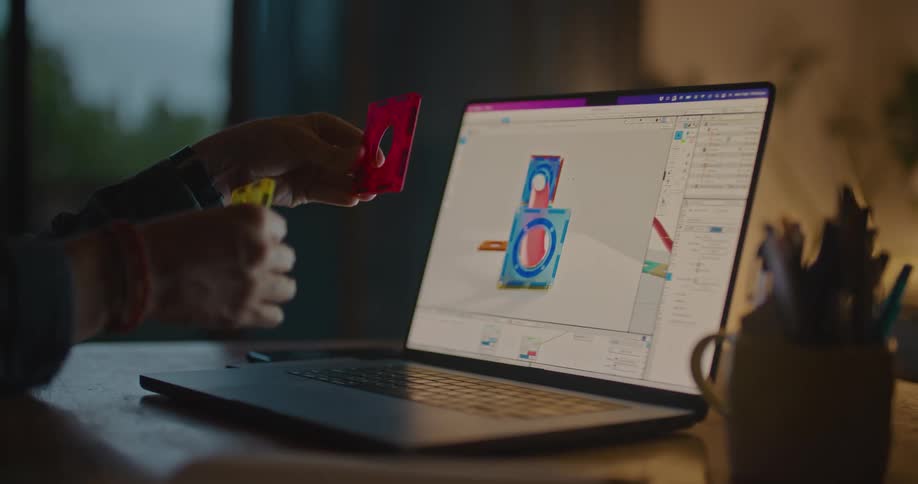 A man is sitting in front of a laptop computer looking at a three dimensional image and holding a piece like it in his hand