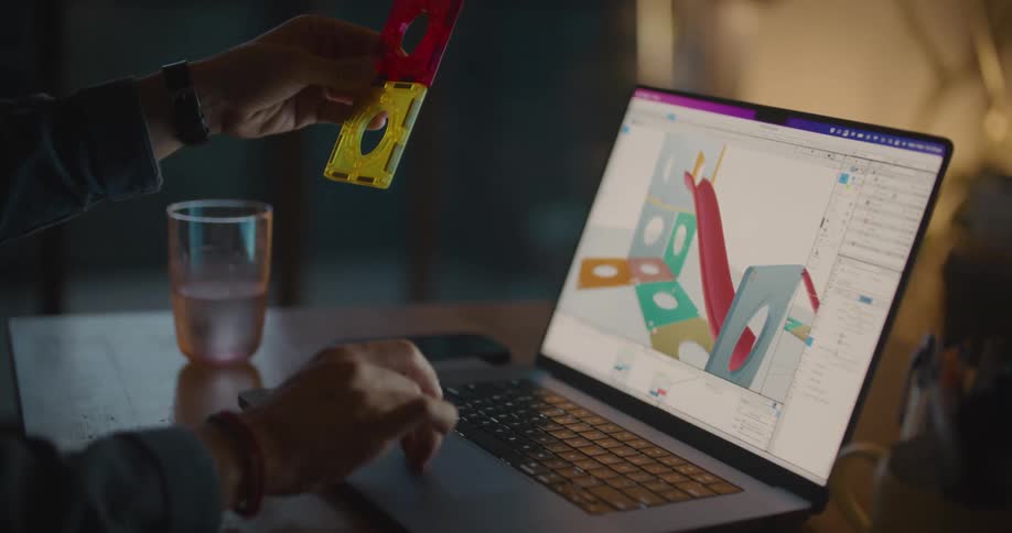Man holds up two 3d devices and compares them to the diagram on a laptop