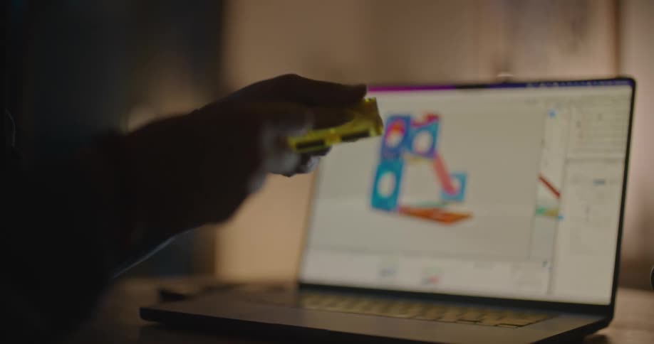 A person is sitting in front of a laptop computer looking at a product they are designing
