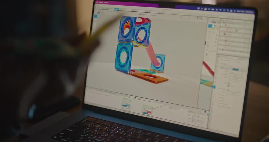A designer assembling a prototype of a toy in front of a computer
