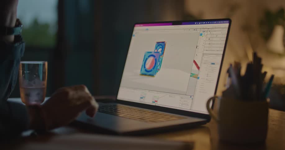 Man writes in notebook and works on laptop on 3d box model in room