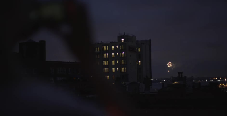 A person is taking photos of fireworks in the distance at night