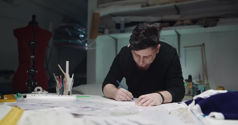 Male tailor with black sweatshirt works in tailor shop
