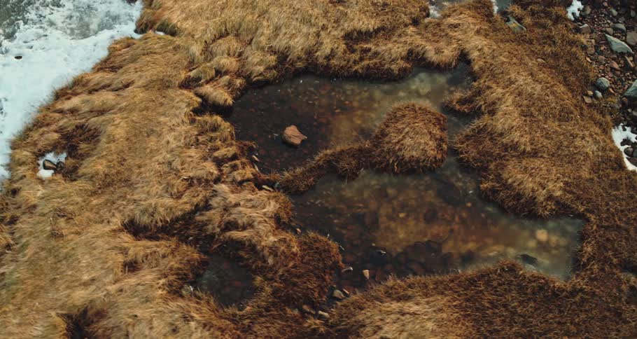 Top down view of ponds of frozen water on a marsh