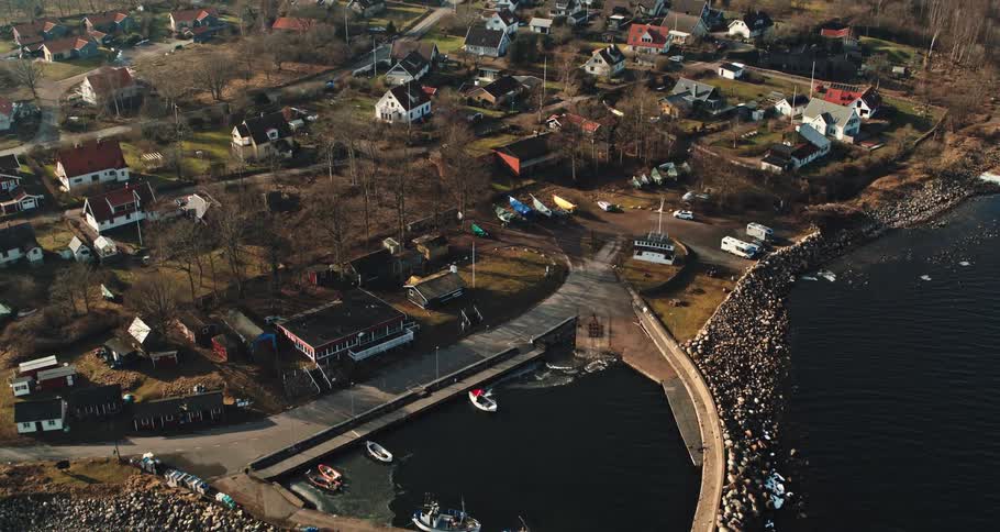 Aerial view of coastal town with harbor