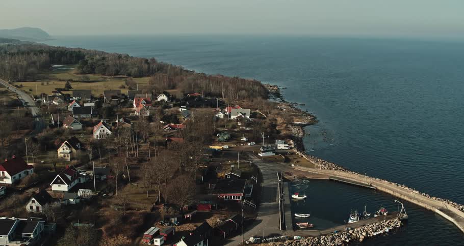 An aerial view of a small coastal town