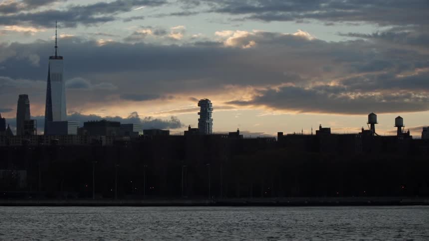A city skyline near sunset