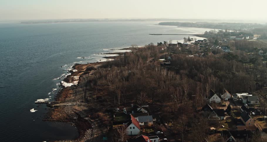 An aerial view of a coastal community