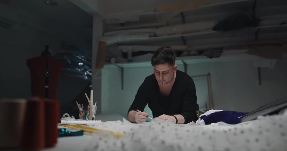 Man leans over table in fashion design studio and sketches