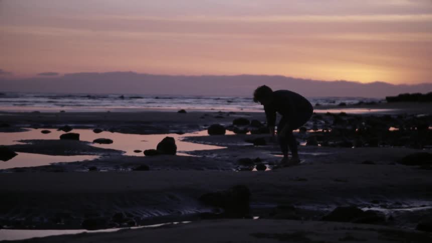 A woman stands up on a beach at sunset