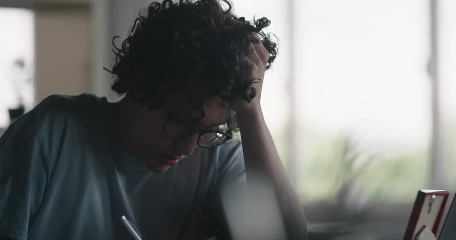 Teenage boy sitting at the desk and studying with his notebook and laptop