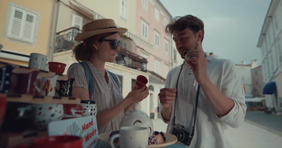 A couple on vacation stop at a cart in an alley to look at ceramics
