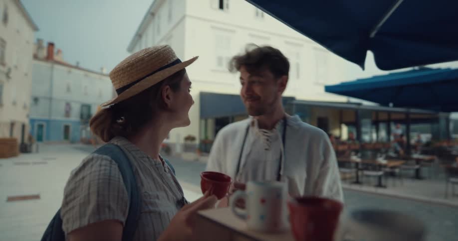 A man and woman approach a street vendor and pick up the ceramic cups being offered to tourists