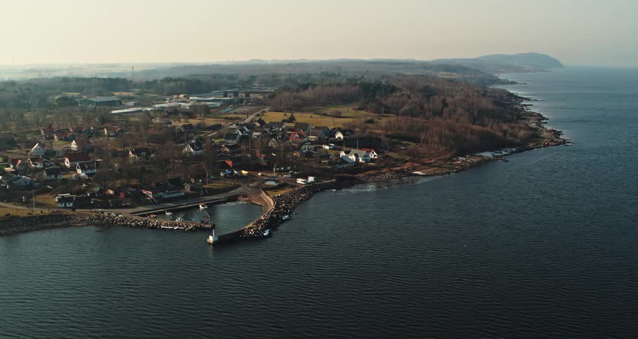 Aerial view of coastal town with harbour
