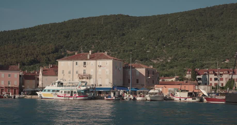 Boats docked on the coast of a town at the bottom of a tall hill on a clear day