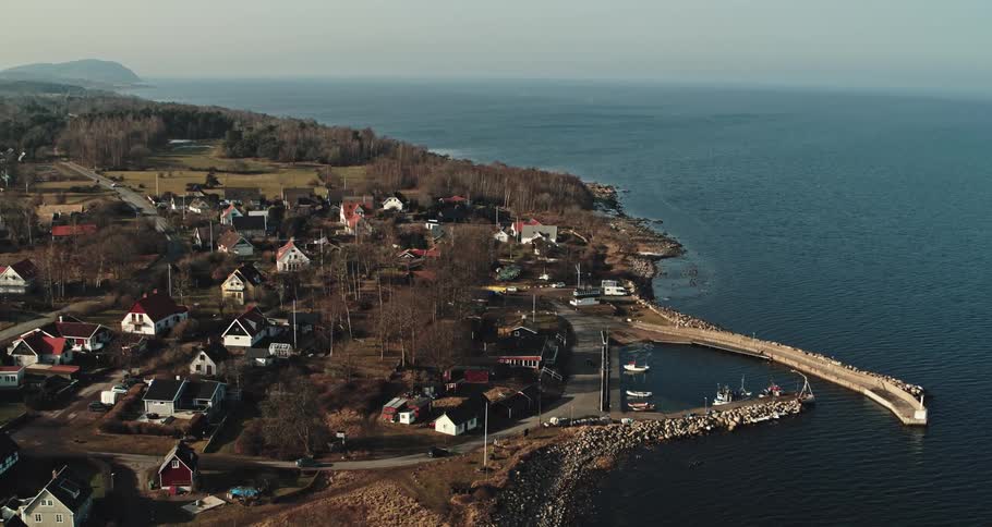 Aerail view of coastal town with harbor