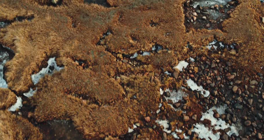 Top down view of ponds of frozen water and rocks on a marsh