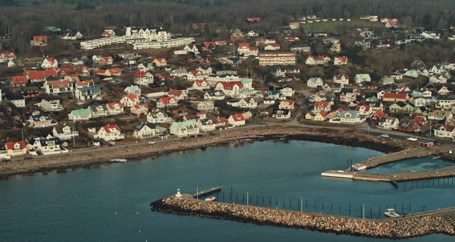 Aerial view of coastal town with harbor