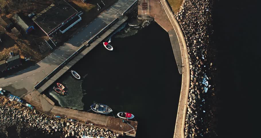 Aerial view of coastal town with harbor