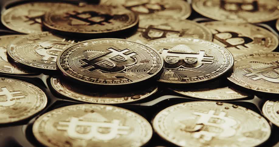 Several wet golden coins with the bitcoin logo printed on them