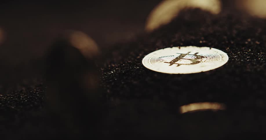 Bitcoin crypto token lies on gold dust