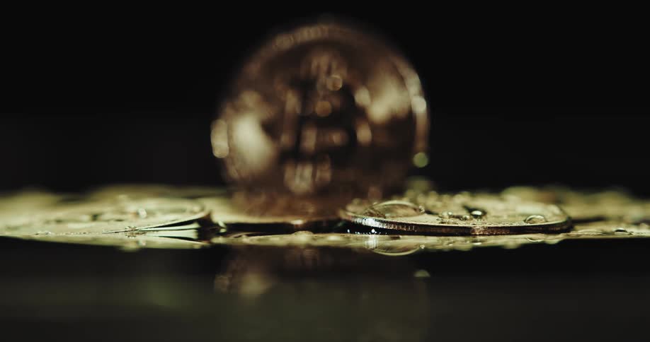 A pile of went coins have the bitcoin cryptocurrency logo on them
