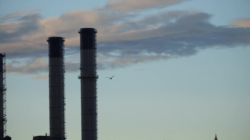 A bird flies past some tall chimneys