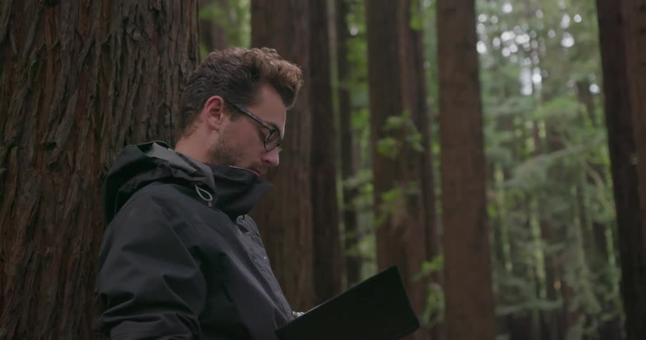 Man leaning against a large tree and writing in a notebook in a forest