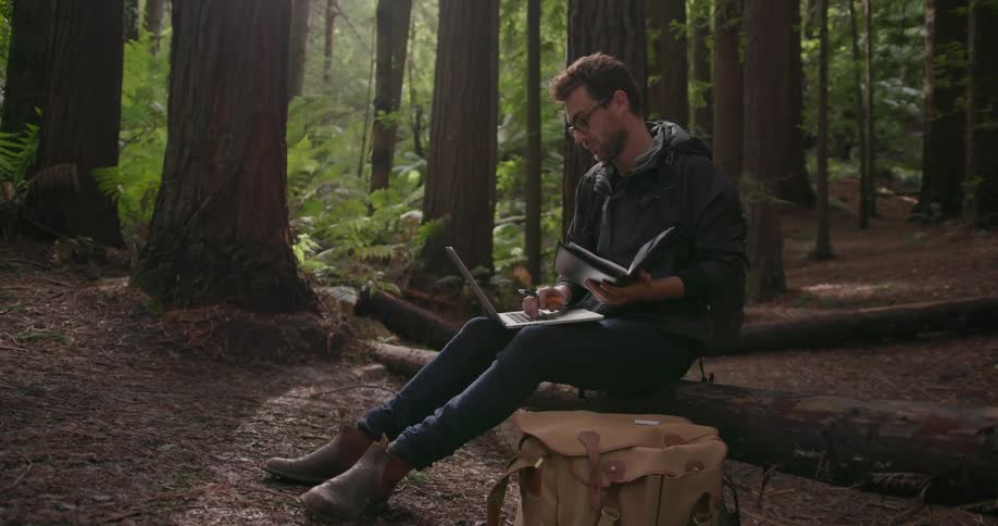 A man is reading a book and using a laptop in the middle of the woods