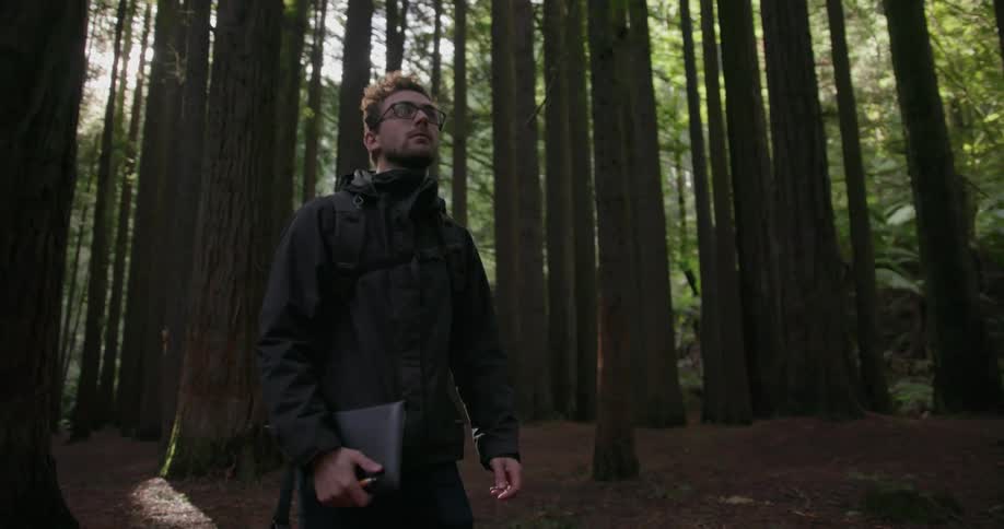 Man carrying a folder walks in the woods on a sunny day