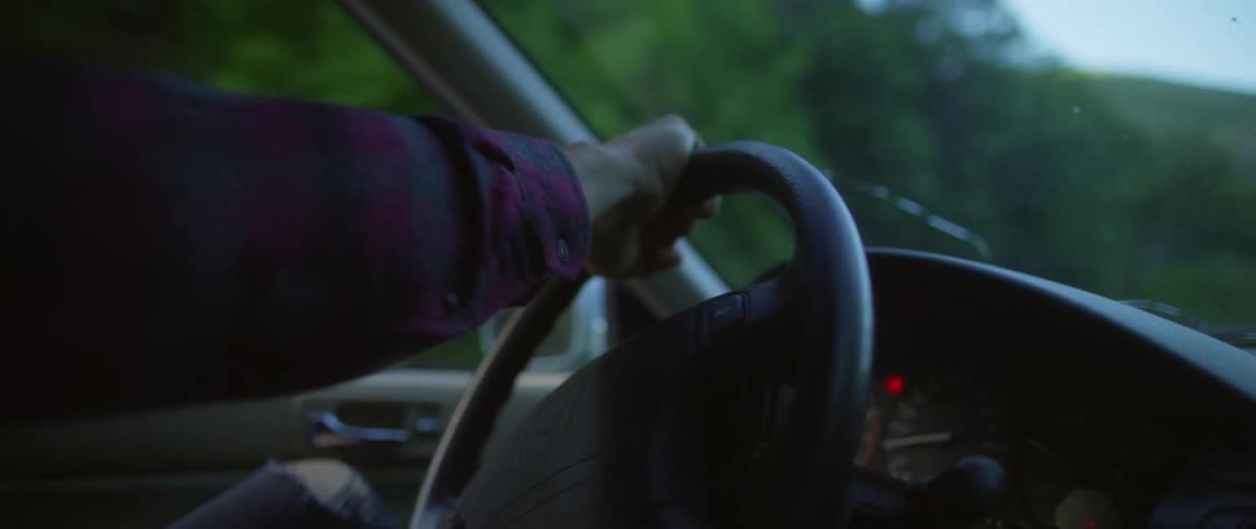 Man drives car nervously on country road next to trees and plants