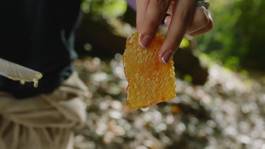 A person prods a piece of honey comb with a knife while standing outdoors during the day
