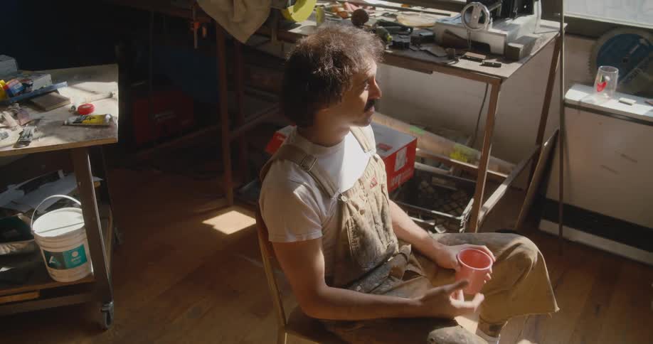 A man wearing overalls is sitting in a chair holding a cup and talking to someone