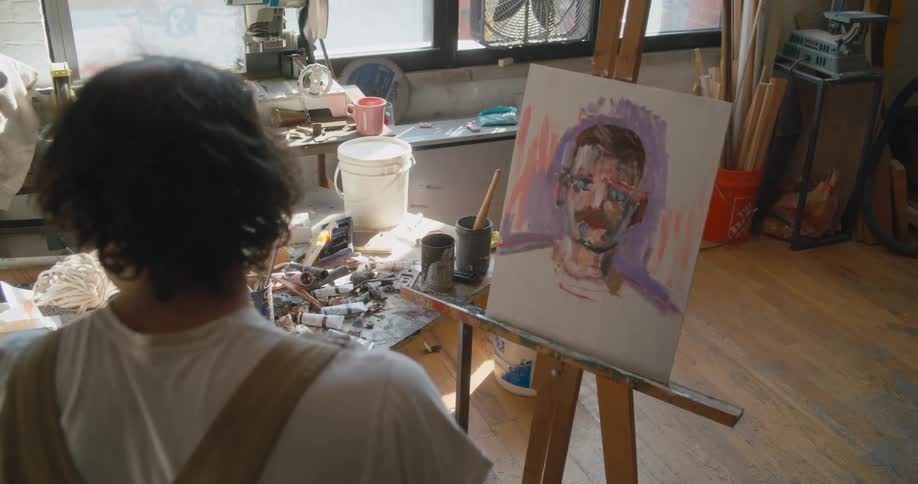 An artist paints a portrait on a canvas on an easel while sitting indoors during the day