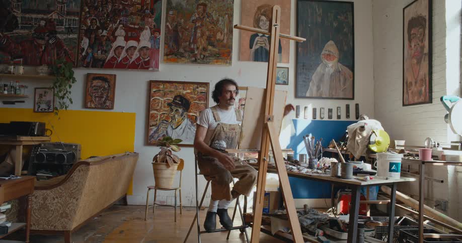 A man is sitting in a room and showing artwork he painted