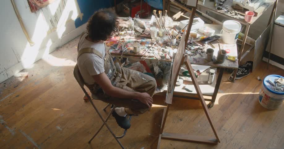 A man is sitting down painting a picture on an easel and he has a table full of brushes and paint next to him