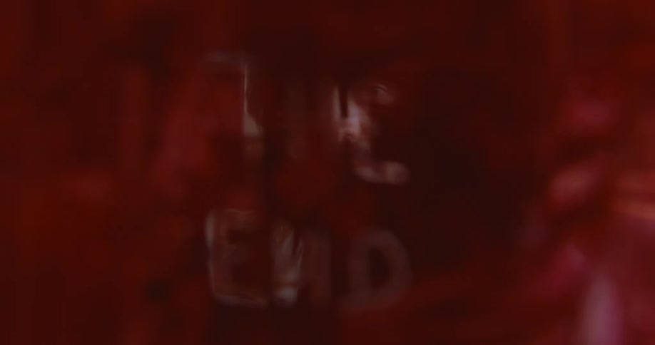 Man approaches and looks through text that spells out the end