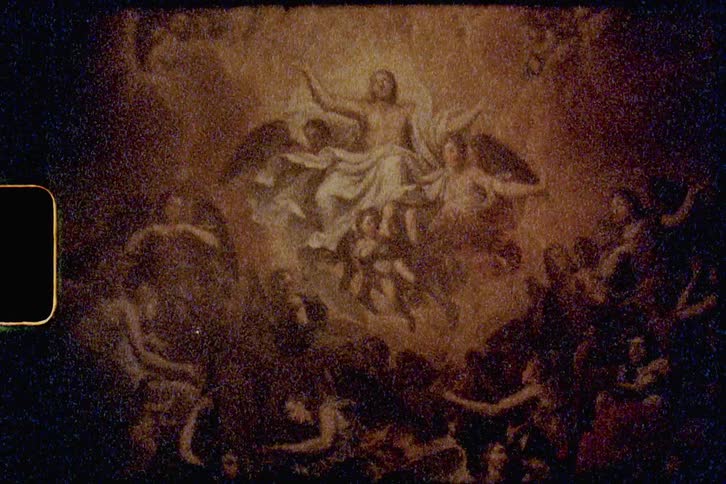 Darker figure surround angels and jesus in center of religious mural painting