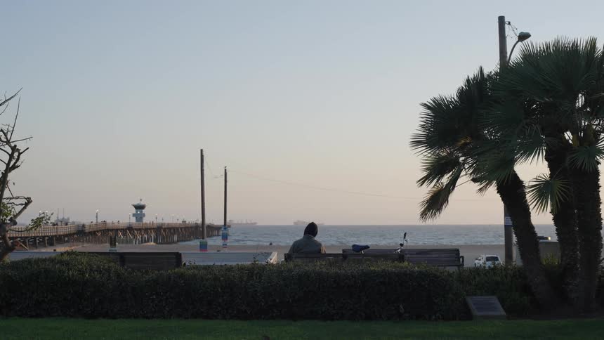 A person sitting on a park bench watching the ocean and pier