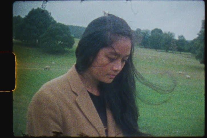 A vintage film of a woman walking through a field with sheep