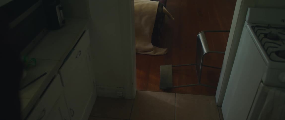 Chair falls over onto the floor in the room next to the kitchen