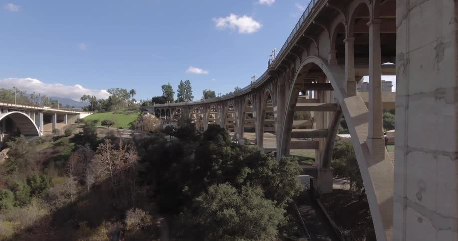 A bridge spans a forested area
