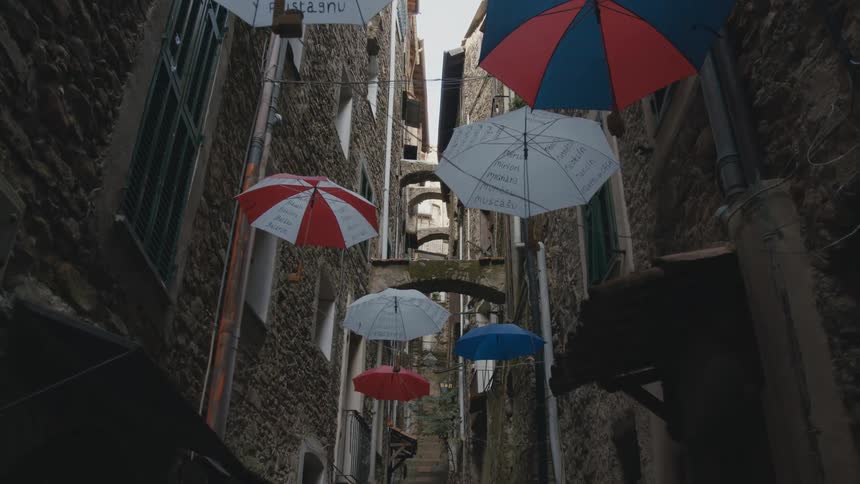 Colorful umbrellas hanging from the buildings on each side of the alley