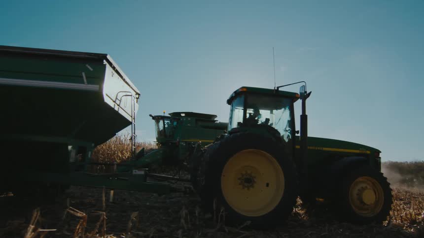 Farmer drives a tractor pulling a grain trailer while another farmer harvests the corn with a combine