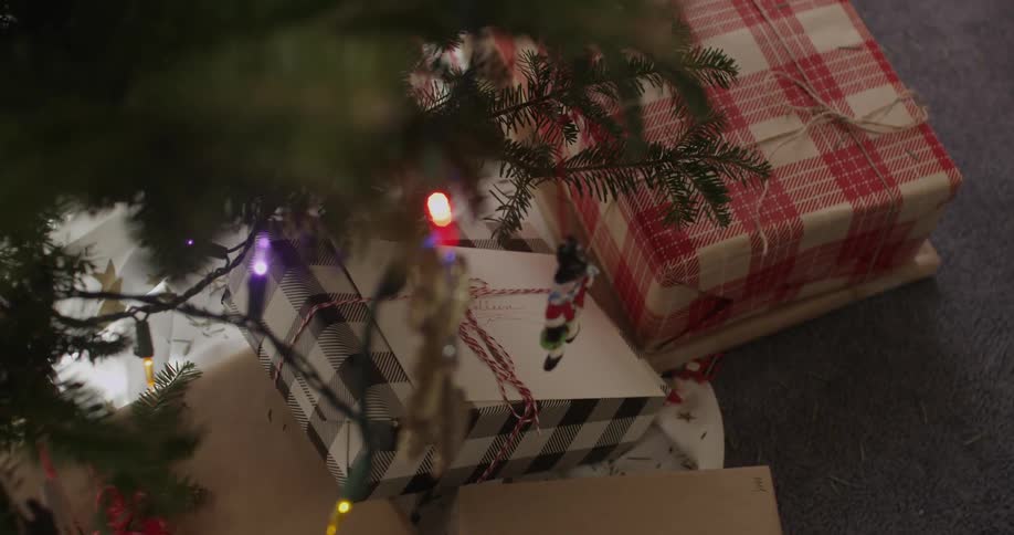 Close up of presents under a christmas tree