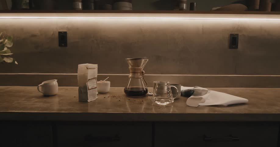 A counter with a pour over coffee maker cups creamer and sugar bowl