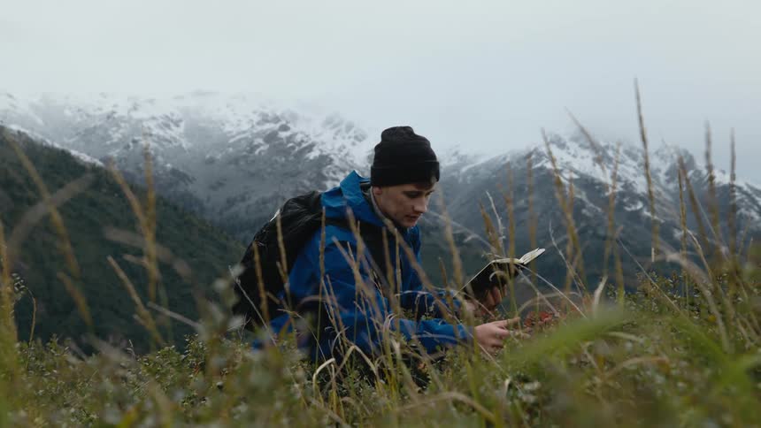 A hiker kneeling in the mountains examines a plant while referencing a book