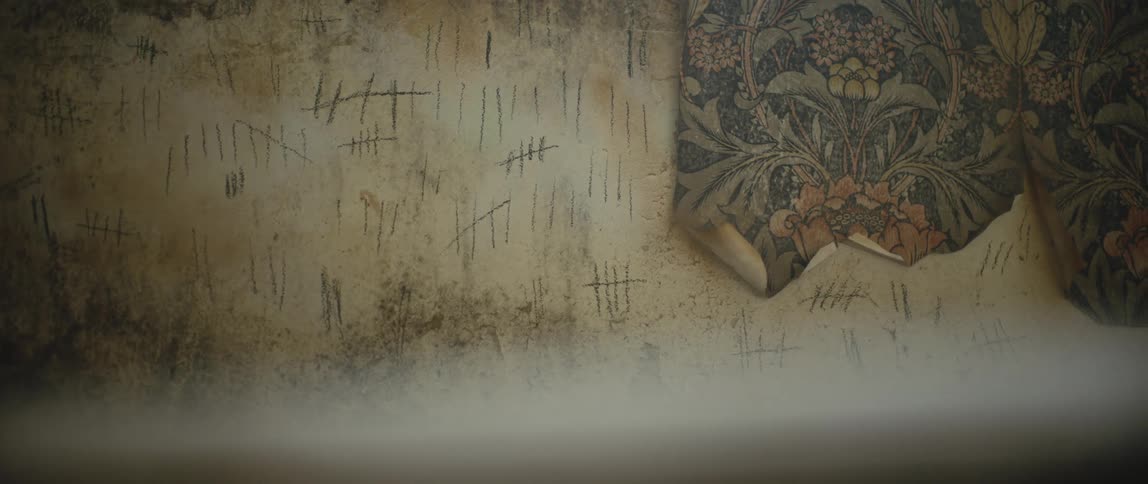 Tally marks cover the wall of a room with dirty peeling wallpaper